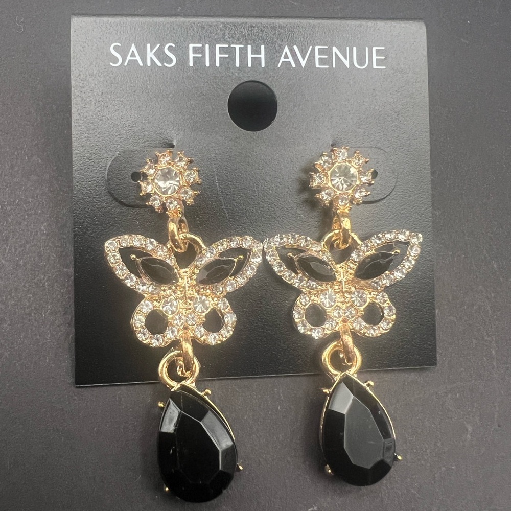 Saks Fifth Avenue Gold and Black Crystal Butterfly Earrings
